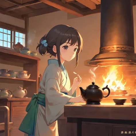 Anime 7-year-old girl in Hanfu standing next to a teapot, flatchest，full bodyesbian，Boiling a teapot over charcoal on the stove, Side Body，stove，charcoal fire，teapot，Please wear black cloth shoes，author：author：Qu Leilei, author：Chen Dafu, author：Xia Gui, a...