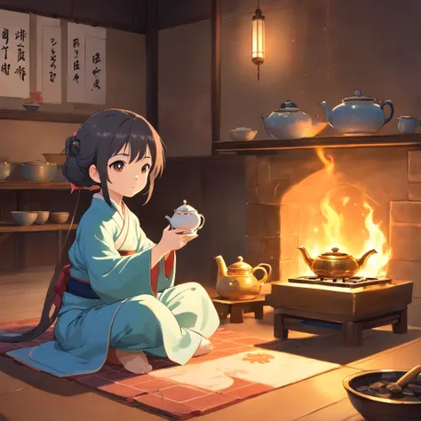 Anime 7-year-old girl in Hanfu standing next to a teapot, flatchest，full bodyesbian，Boiling a teapot over charcoal on the stove, Side Body，stove，charcoal fire，teapot，Please wear black cloth shoes，author：author：Qu Leilei, author：Chen Dafu, author：Xia Gui, a...