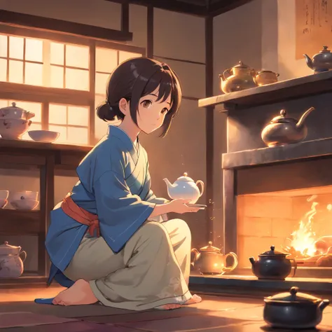 Anime 7-year-old girl in Hanfu standing next to a teapot, flatchest，full bodyesbian，Boiling a teapot over charcoal on the stove, Side Body，stove，charcoal fire，teapot，Please wear black cloth shoes，author：author：Qu Leilei, author：Chen Dafu, author：Xia Gui, a...