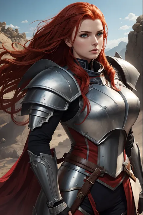 corpo todo de uma mulher com cabelos ruivos usando uma armadura, female redhead templar, Retrato do Paladino Feminino, gorgeous female paladin, retrato cavaleiro feminino, arte de personagem impressionante, female paladin, Alena Aenami e Artgerm, de uma be...