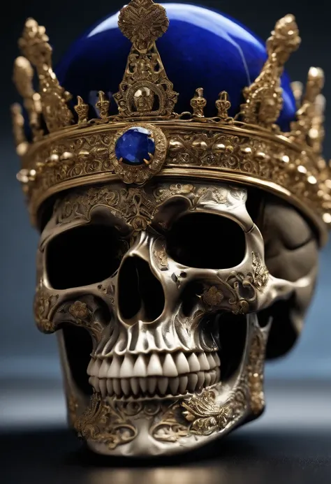 "skull, with an ostentatious crown on his head, ((( intricate details ))), ornated with lapus lazuli, segurando um smartphone moderno com uma tela brilhante, using state-of-the-art headphones."