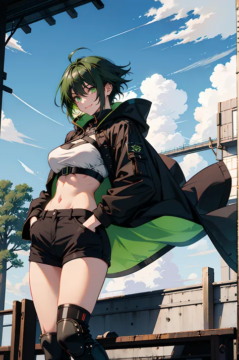 Pure sky，mechanical leg，Black mechanical legs，Plump legs，Green gem setting，Anime girl standing gracefully on the ground，Black cape and green hair, rogue anime girl, Anime girl standing, Wearing a cloak on the blasted plain, asuka suit under clothes!, Cybor...