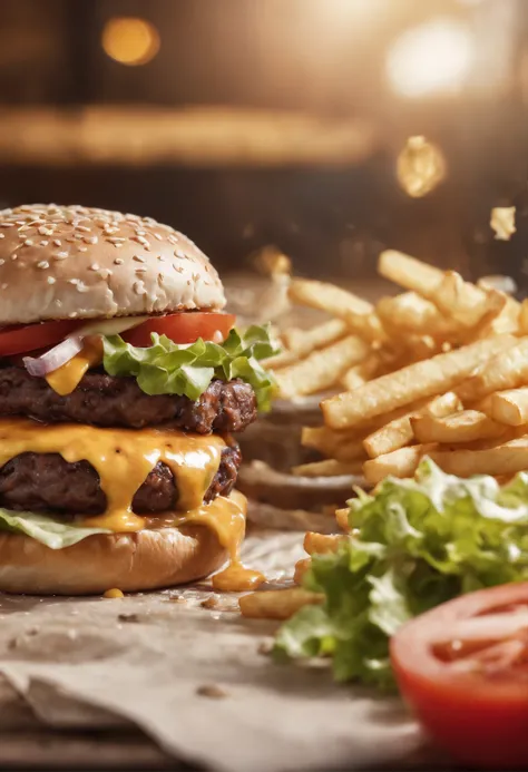 A burger falling in pieces juicy, tasty, hot, promotional photo, intricate details, hdr, cinematic, adobe lightroom, highly detailed