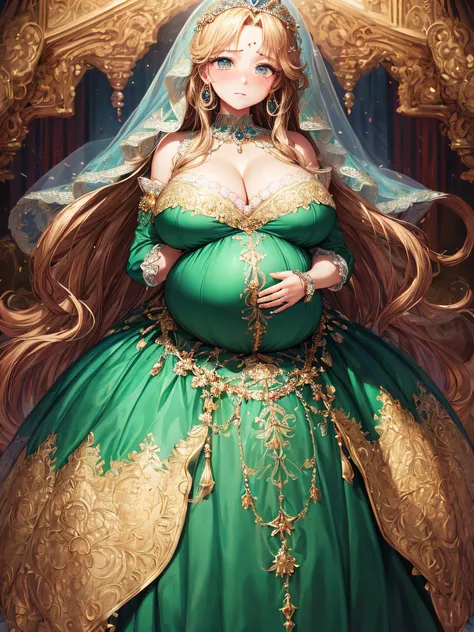 (masterpiece, best quality,extremely detailed:1.1),(moe anime art style:1.2),1girl,((full body,focus face)),((solo)), cute, kawaii,digital art,((1 bling-bling pregnant princess wearing beautiful embroidery and jeweled gorgeous rococo ballgown with jeweled ...