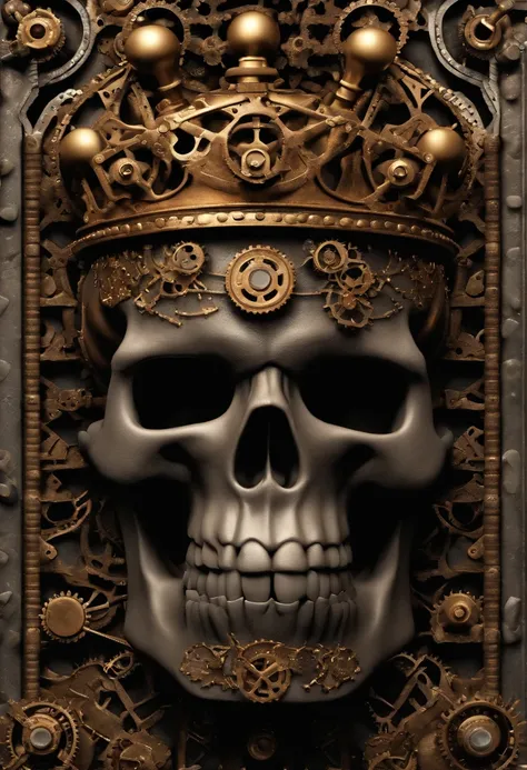 "rusty and metal skull, with an ostentatious crown on his head, ((( intricate details ))), ((( gears and bolts ))), ((( bullets as teeth ))), ornated with lapus lazuli, segurando um smartphone moderno com uma tela brilhante, using state-of-the-art headphon...