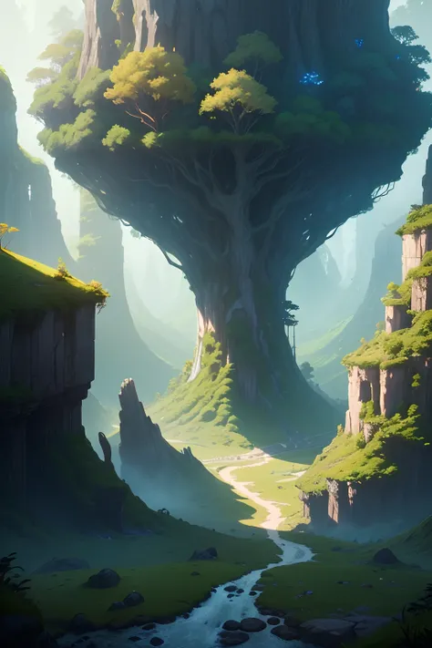 There is a horizontal landscape of a mystical forest in a concept art for a 2D game, arte conceitual, paisagem horizonal, jogo de plataforma 2d, plataformas :1.2, (obra prima)(Ultra realista),(melhor qualidade),(simetria perfeita:1.3)