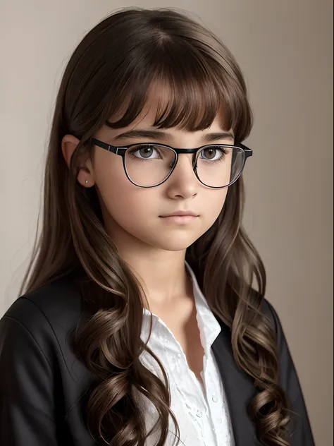 Realistic photo of a 10-year-old girl of European appearance, Thick, slightly curly brown hair below the shoulder blades;, Big shiny brown eyes, long eyelashes, eyeglasses, thick eyebrows, Serious, хмурая, A bored look, looks at the camera from under his e...