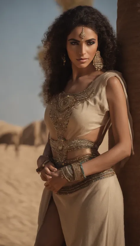 A beautiful 23-year-old woman, in ancient Egypt, with sexy eye makeup, a makeup line extending from the corner of the eyes to the side of the face, accentuating her beauty and allure