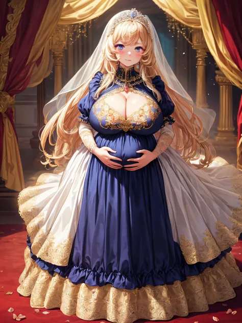 (masterpiece, best quality,extremely detailed:1.1),(moe anime art style:1.2),1girl,((full body,focus face)),((solo)), cute, kawaii,digital art,((1 bling-bling pregnant princess wearing beautiful embroidery and jeweled gorgeous rococo ballgown with jeweled ...