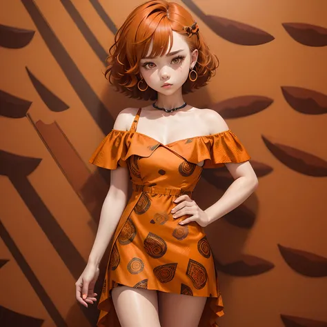 Chibi Chara、Orange sauvage hair、(brown jasper pattern offshoulder dress:1.4)、one-hand on hip