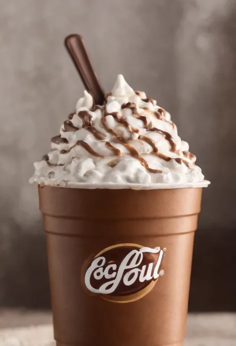 Um McFlurry do McDonalds, with creamy ice cream and irresistible toppings mix, capturado em uma foto promocional, destacando os detalhes intrincados das camadas de sorvete e das coberturas, with HDR effects to enhance colors and create a cinematic atmosphe...