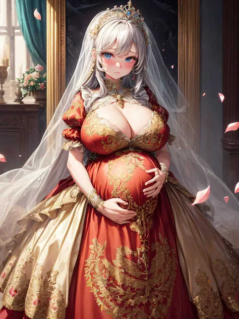 (masterpiece, best quality,extremely detailed:1.1),(moe anime art style:1.2),1girl,((full body,focus face)),((solo)), cute, kawaii,digital art,((1 bling-bling pregnant princess wearing beautiful embroidery and jeweled gorgeous rococo ballgown with jeweled ...