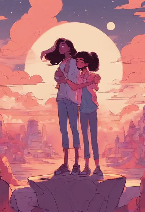 A cartoon of two women embracing, Estilo Steven Universe, arm around her neck, Charli Bowater e Artgeem, Steven Universo, fanart de alta qualidade, Directed by: Adam Dario Keel, Jazza e Rossdraw, ❤🔥🍄🌪, badass composition, Loish |, Directed by: Andrée Ruell...