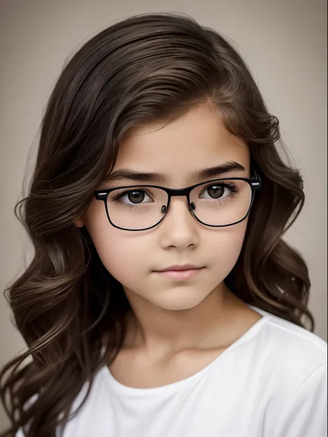 Realistic photo of a 10-year-old girl of European appearance, slightly curly brown thick hair below the shoulder blades(to the middle of the back); Large shiny dark brown eyes, long eyelashes, eyeglasses(The natural shine of glasses), thick eyebrows, Serio...