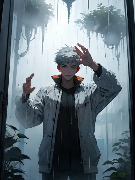 1boys, place your hand on the glass, window fog, drippy, rain,, masterpiece, best quality, highly detailed