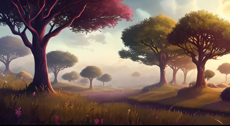 There is a horizontal platform of a mystical forest in a concept art for a 2D game, arte conceitual, paisagem horizonal, jogo de plataforma 2d, plataformas :1.2, (obra prima),(melhor qualidade), 8k, luz dinamica, sombras dinamicas, videogame