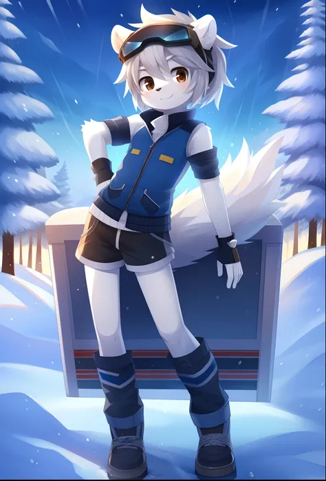 Furry shota, young, polar bear, grey hair, spiky hair, spiky short ponytail, detailed body fur, brown eyes, winter blue vest, open clothes, black trunks, wool cap, snow goggles, masterpiece, looking at you, white body fur, detailed face, big eyebrows, deta...