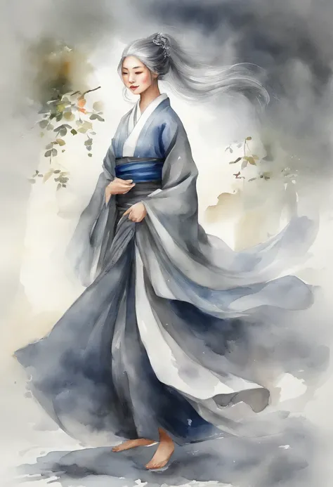 Hakama、full body Esbian、gray hair and gray color,,,、((​masterpiece))、60 Talent、femele、animesque