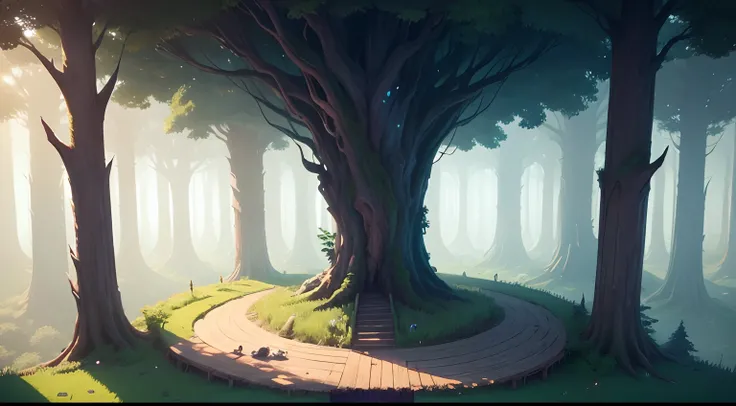 There is a horizontal platform of a mystical forest in a concept art for a 2D game, arte conceitual, paisagem horizonal, jogo de plataforma 2d, plataformas :1.2, (obra prima),(melhor qualidade), 8k, luz dinamica, sombras dinamicas, videogame