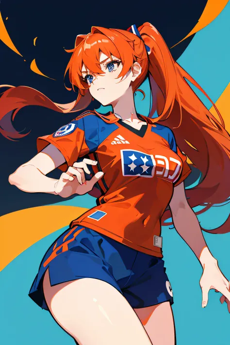 Girl with long orange hair and two ponytails wearing a blue and red soccer team jersey. Asuka langley de Evangelion. Universidad de Chile equipo de futbol soccer