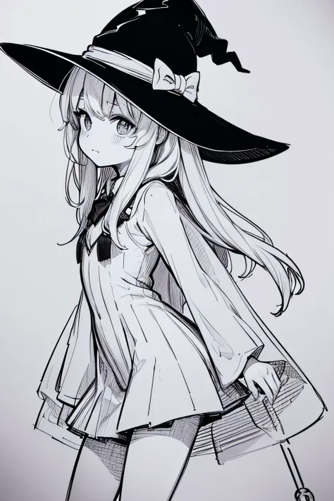 Small and adorable witch girl、Halloween, cartoon, Lineart background, white backgrounid, monocromatic, line-drawing, ((Sketched)),  colouring、lineART、