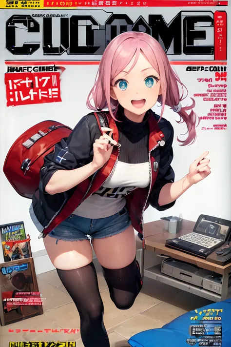 (computer game Magazine cover:1.4){{{{{masutepiece,Best Quality,ultra-detailliert}}}}},Happy laughter,1 woman,Beautiful eyes,Cute face,Flint jacket and plaid shorts,Walking,holding flower bouquet,knee high socks