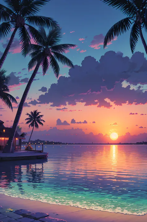 A pixelated beach scene with a vibrant neon purple and blue sunset, white boat on the water, silhouetted palm trees swaying in the breeze.