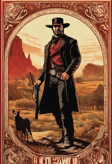 《Red Dead Redemption 2》Full body picture of a dangerous illegal gunman, Wearing a black fur coat,suit vest,clean shaven,without a beard,Detailed portrait, Vintage illustration, High-res, Realistic colors, intricate drawing, Vibrant colors, Dramatic lightin...