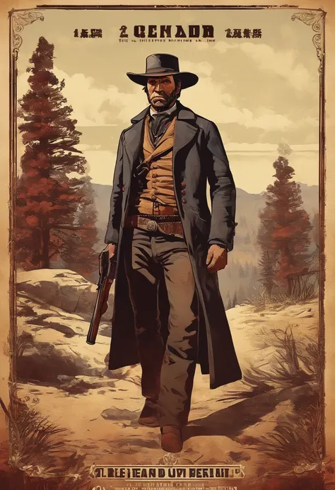 《Red Dead Redemption 2》Full body picture of a dangerous illegal gunman, Wearing a black fur coat,suit vest,clean shaven,without a beard,Detailed portrait, Vintage illustration, High-res, Realistic colors, intricate drawing, Vibrant colors, Dramatic lightin...