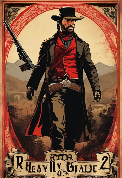 《Red Dead Redemption 2》Full body picture of a dangerous illegal gunman, Wearing a black fur coat,suit vest,clean shaven,without a beard,Detailed portrait, Vintage illustration, High-res, Realistic colors, intricate drawing, Vibrant colors, Dramatic lightin...