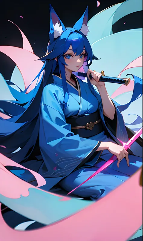 30-year-old woman wearing a blue kimono with long blue hair, blue eyes and blue fox ears while she possesses 3 blue fox syrups sitting holding a pink sword in her hand inside her scabbard