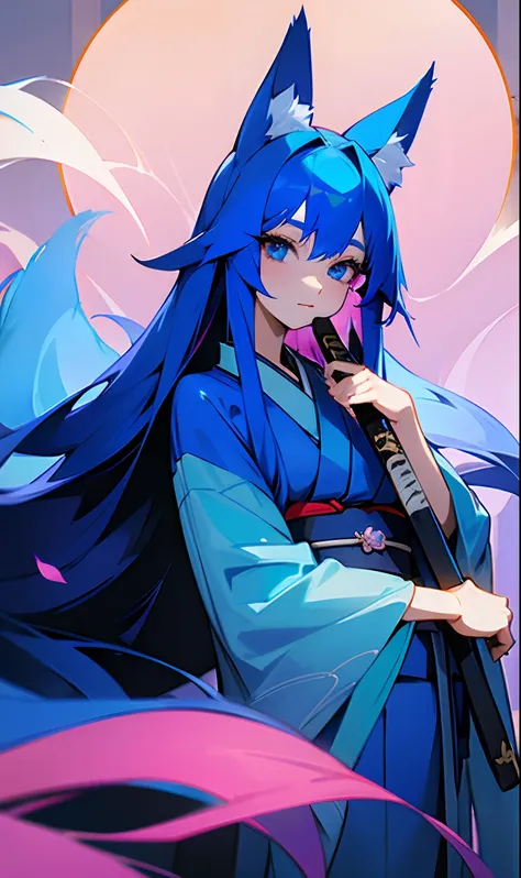 30-year-old woman wearing a blue kimono with long blue hair, blue eyes and blue fox ears while she possesses 3 blue fox syrups sitting holding a pink sword in her hand inside her scabbard