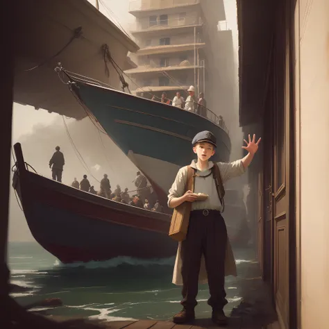 a poor white 15yo boy stand up holding box of nuts and selling nuts and waving with his hands in algeria boat port waving with his hand, dirty clouths ,1948, real-life painting, french architecture, provia, vignette, small of people in raw, real, large fra...