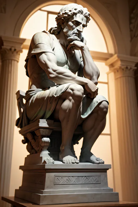 Statue of a Greek philosopher sitting image from afar weighing with his hand on his chin, 8k realistic