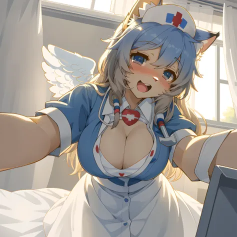 pov(super cute 1girl)Cowgirl position, Cat nurse reaching for me anxiously, Hospital room, White curtains, sunlight, window, nurses outfit, big breasts, cleavage, puffy detailed beautiful face and eyes)absurdres, perfect anatomy(kemono, angelic cute girl, ...