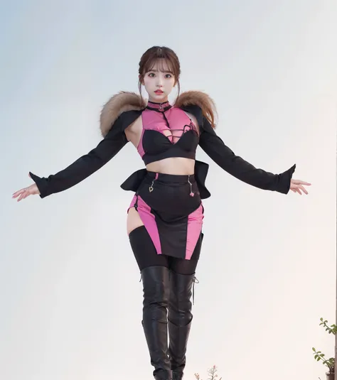 Young woman in dark pink costume、red brown hair、、large full breasts、Skirt with slit、Dark pink tops