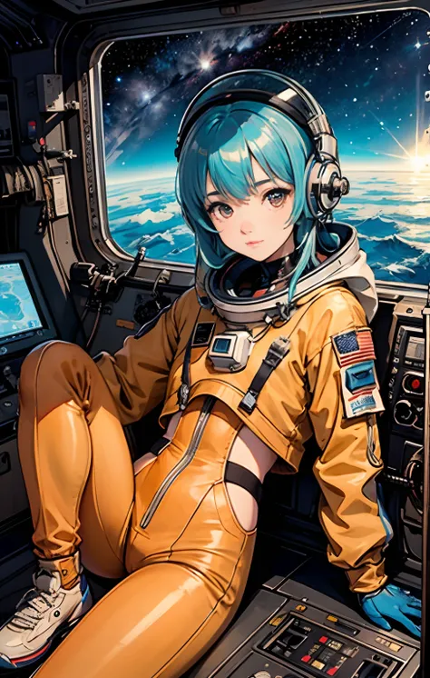 1girl in, Adult female space fighter pilot in cockpit of ship in mega detail suit, Sit with a stick、Detailed hyper control panel and reunion with dial, Buttons and levers, Cyberpunk Ballads, High-tech graphics throughout the costume, top-quality, ​masterpi...