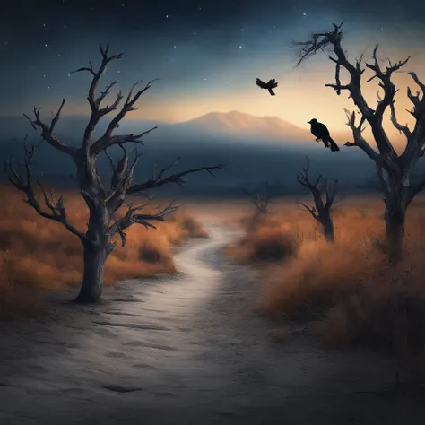 Two crows on a dead tree, A shadow shaped like a walker, Starry night, Thick fog on the ground, Blue light on the horizon, Unreal Engine 5, Cinematic, low angle photography, Motion blur, Depth of field, Dust, Cobblestones and dirt. Splash Art, dripping pai...