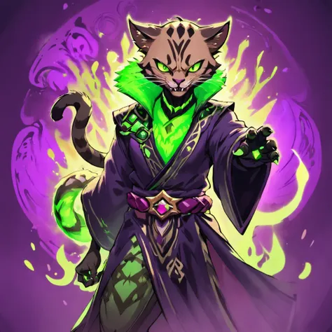 Khajiit, venomous green fur with neon green swirls and patterns, purple gemstones, wearing mage robe, black claws erupting from the ground, masterpiece, best quality