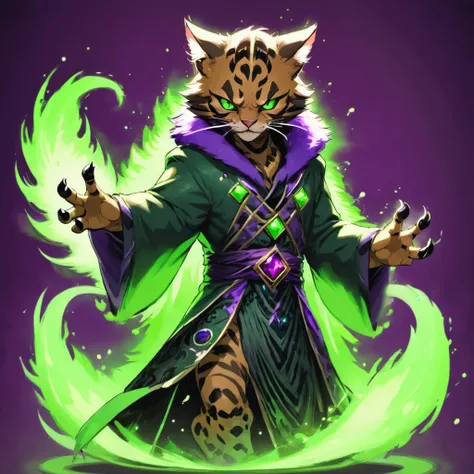 Khajiit, venomous green fur with neon green swirls and patterns, purple gemstones, wearing mage robe, black claws erupting from the ground, masterpiece, best quality