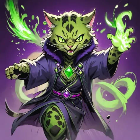 Khajiit, venomous green fur with neon green swirls and patterns, purple gemstones, wearing mage robe, black claws erupting from the ground, masterpiece, best quality