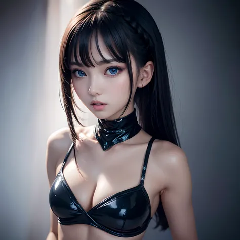 finest image, portrait, female, sexy, beautiful, cute, flat chest, abs, slender, amorous expression, lewd expression, orgasm, black glossy braided bangs hair, blue sparkling big eyes, double eyelids, professional lighting