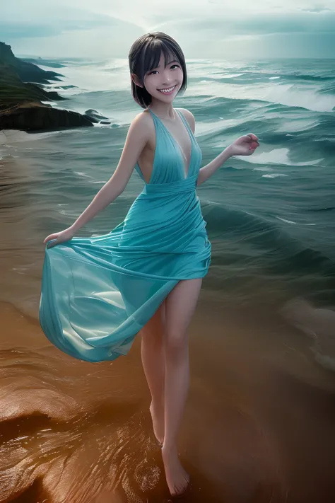 /imagine photorealistic, 8k, Makoto Shinkai style. Beautiful angel. Perfect body, (perfect face with happy smile:1.5). She wears thin silk summer light blue dress with large wings at her bag. She is looking back and stares at you. lovely double exposure im...