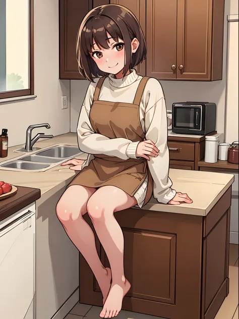 hiquality, tmasterpiece (One adult girl). short brown hair. smile on face. brown eye. The clothes: beige sweater. white apron. bare feet. In the background is a room, kitchen