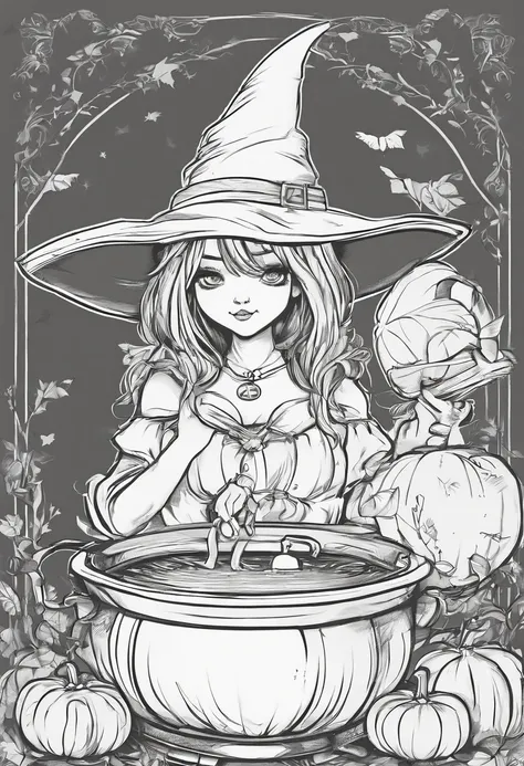 Small and cute witch in anime style、Anime girl witch mixing cauldron、Lots of jack-o-lantern backgrounds、high-level image quality、Precision painting、4K、Hero Academia Style Art