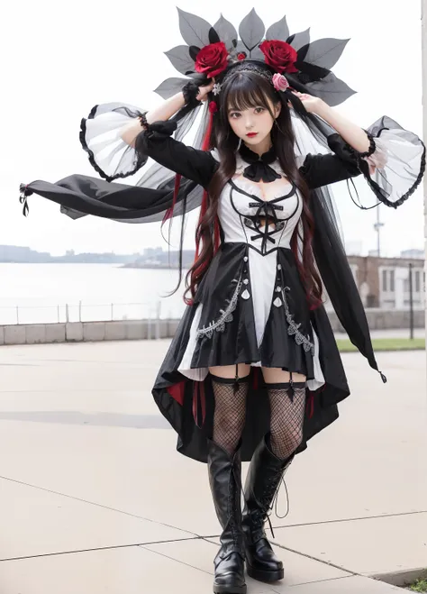 Idol in a mini dress、large full breasts、beautiful foot、black wavy long hair、、Good Style、Voluminous Gothic Lolita Fashion、Black veil of red and black rose decoration、Black tights、、long boots