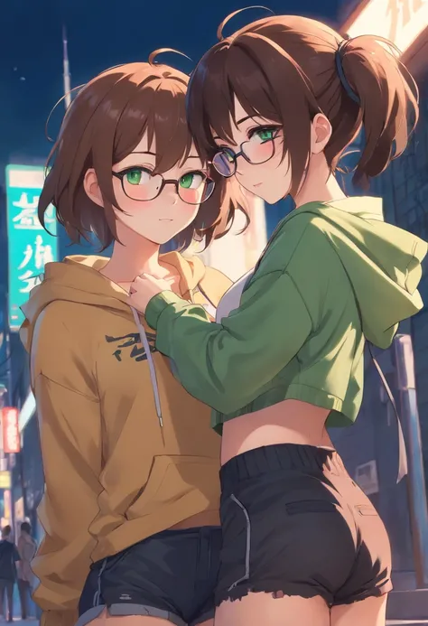 portrait of a couple of lesbians,brown hair tied in messy bun, glasses, big boobs, green eyes, pointed ears, goth, black crop hoodie, black shorts, round glasses, black fishnet gloves and stockings, freckles, blushing, hentai, nsfw, sexual, having sex, big...