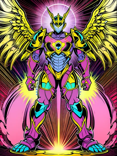 sentai ,, standing solo, weird, bizzare, angelic, divine, aura, celest, male, armor, knight, full body, psychedelic,