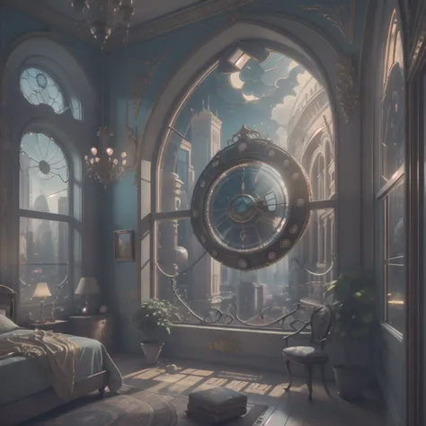 (((Generate an ornate bedroom in the style of Versailles with a big historical window.))) A hyperrealistic cyberpunk dreamscape cityscape is in the window. The cityscape is extremely detailed with many lights and LED neon colors and buildings of many diffe...