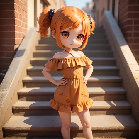 Cute Baby Chibi Anime、(((Chibi 3D))）（Best Quality）,（masutepiece）、Orange Sauvage Hair、(Brown Jasper Pattern Off Shoulder Dress：1.5）、Put one hand on your hip、Stand with your legs open、Orange Heel、Orange shoulder bag、takeout、Long brick staircase、a small face、...